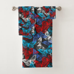 Red White and Blue Patriotic Butterfly Pattern Bath Towel Set