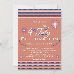 Red White and Blue Patriotic Firework 4th of July  Invitation