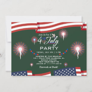 Red White and Blue Patriotic Firework 4th of July  Invitation