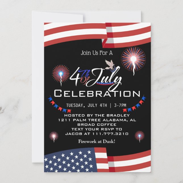 Red White and Blue Patriotic Firework 4th of July  Invitation (Front)