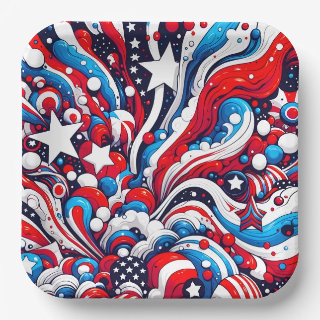 Red, White and Blue Patriotic Fourth of July  Paper Plate (Front)