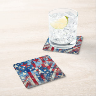 Red, White and Blue Patriotic Independence Day Square Paper Coaster