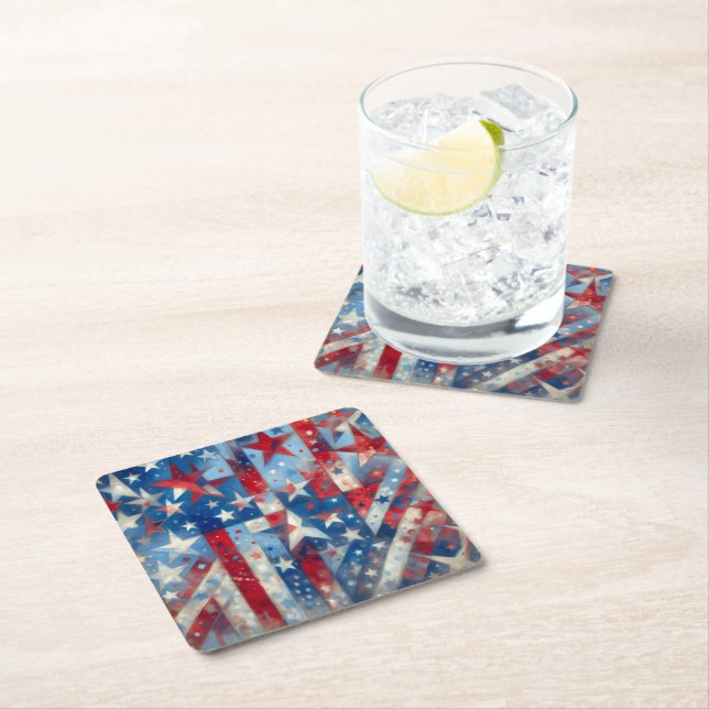 Red, White and Blue Patriotic Independence Day Square Paper Coaster (Insitu)