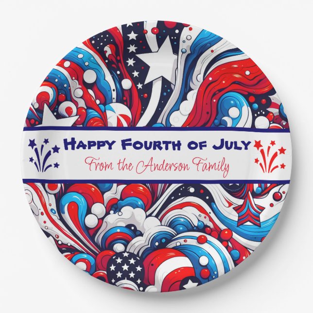 Red, White and Blue Patriotic Personalized Paper Plate (Front)