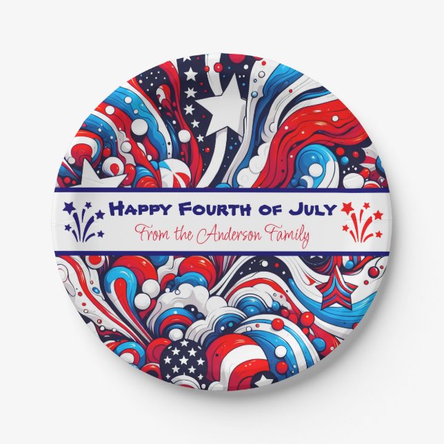 Red, White and Blue Patriotic Personalized Paper Plate (Front)