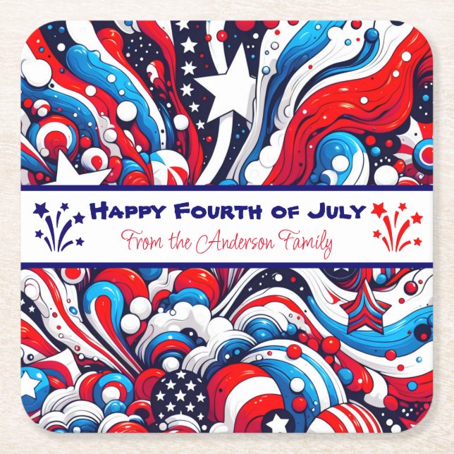 Red, White and Blue Patriotic Personalized Square Paper Coaster (Front)