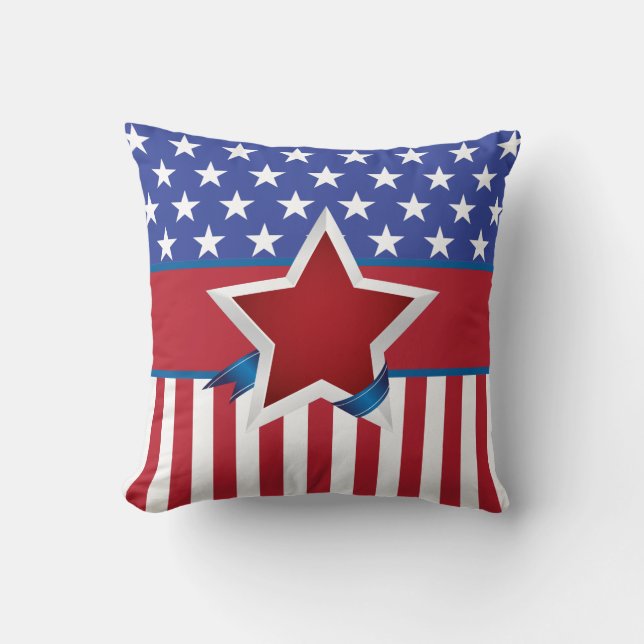 Red White and Blue Patriotic Star Pattern Throw Pillow (Front)