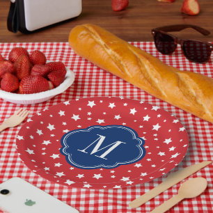 Red White and Blue Patriotic Stars Monogram Paper Plate