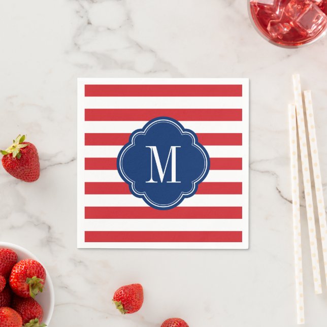 Red White and Blue Patriotic Stripes Monogram Napkin (Insitu)