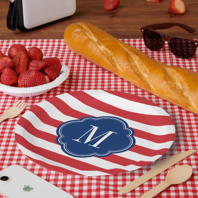 Red White and Blue Patriotic Stripes Monogram Paper Plate (Picnic)