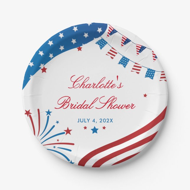Red White and Blue Patriotic Summer Bridal Shower Paper Plate (Front)