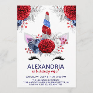 Red, White and Blue Patriotic Unicorn Birthday Invitation