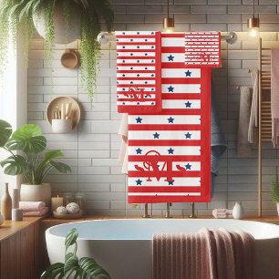 Red White and Blue Pattern Stars Stripes Monogram Bath Towel Set