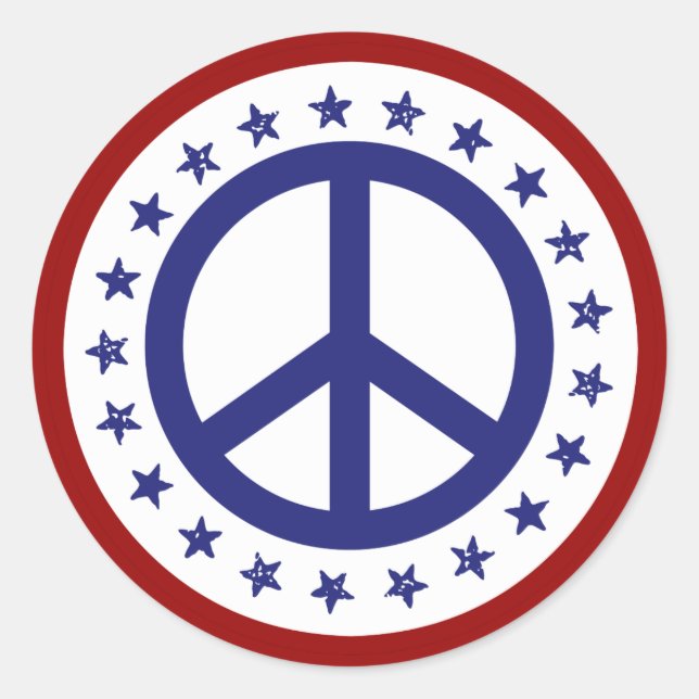 Red White and Blue Peace Sign and Stars Classic Round Sticker (Front)