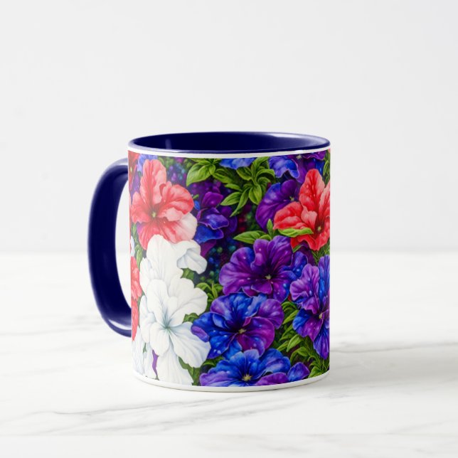 Red White and Blue Petunia Flowers Mug Cup (Front Left)