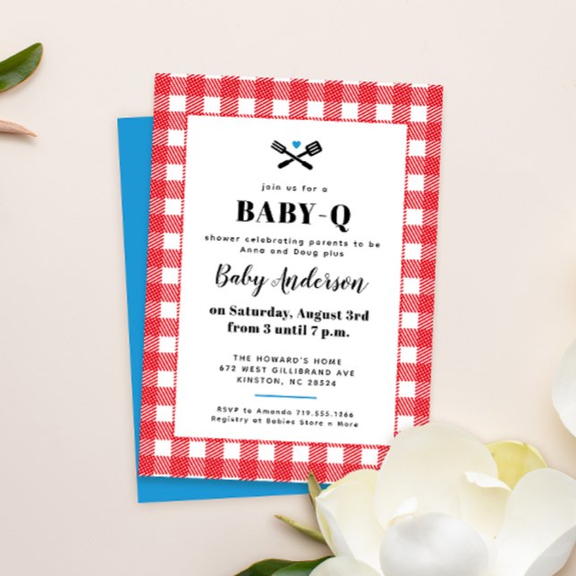 Red White and Blue Plaid Baby-Q Shower Invitation (Creator Uploaded)
