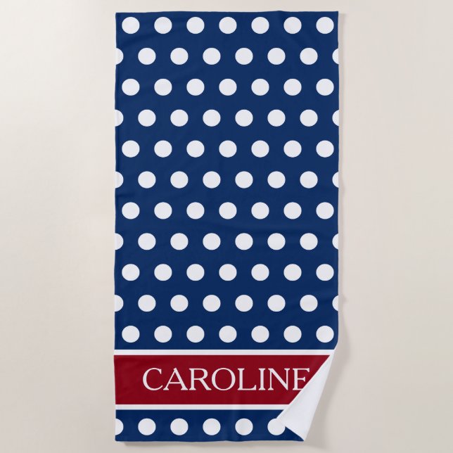 Red White and Blue Polka Dot Personalized Beach Towel (Front)