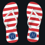 Red White and Blue Preppy Stripes Monogram Flip Flops<br><div class="desc">Custom printed flip flop sandals with a preppy nautical stripe pattern and your custom monogram or other text in a circle frame. Click Customize It to change text fonts and colours or add your own images to create a unique one of a kind design!</div>