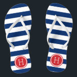 Red White and Blue Preppy Stripes Monogram Flip Flops<br><div class="desc">Custom printed flip flop sandals with a preppy nautical stripe pattern and your custom monogram or other text in a circle frame. Click Customize It to change text fonts and colours or add your own images to create a unique one of a kind design!</div>
