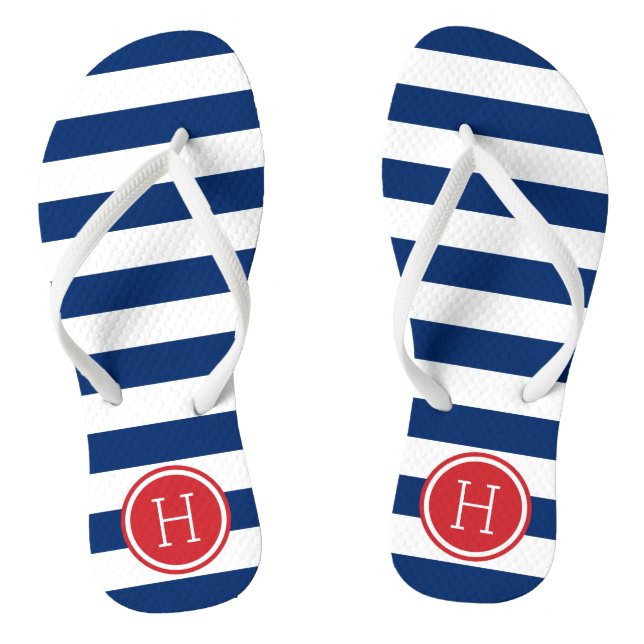 Red White and Blue Preppy Stripes Monogram Flip Flops (Footbed)