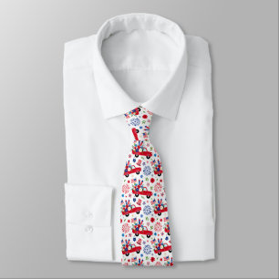 Red White and Blue Red Truck July 4th Single Print Tie