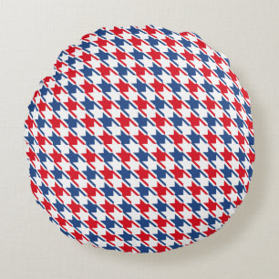 Red White and Blue Repeating Houndstooth Pattern Round Pillow