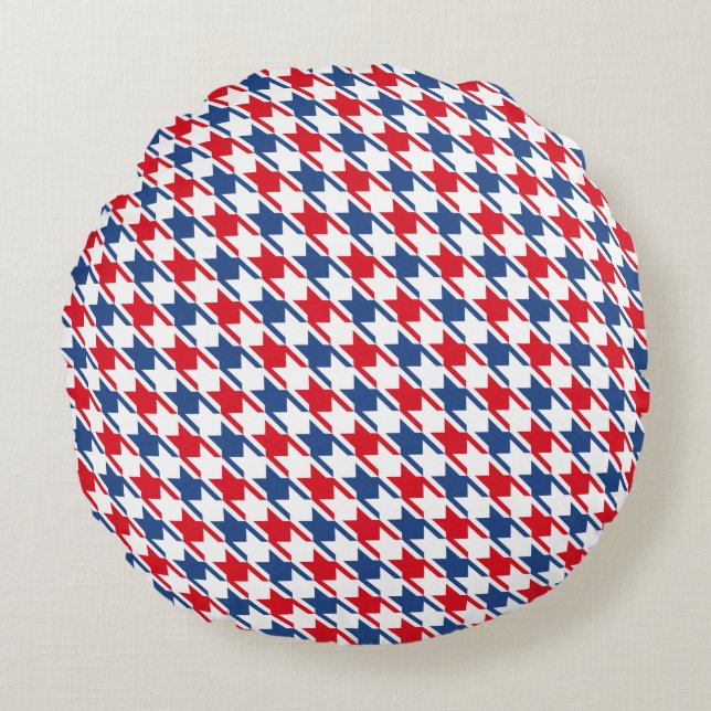 Red White and Blue Repeating Houndstooth Pattern Round Pillow (Front)