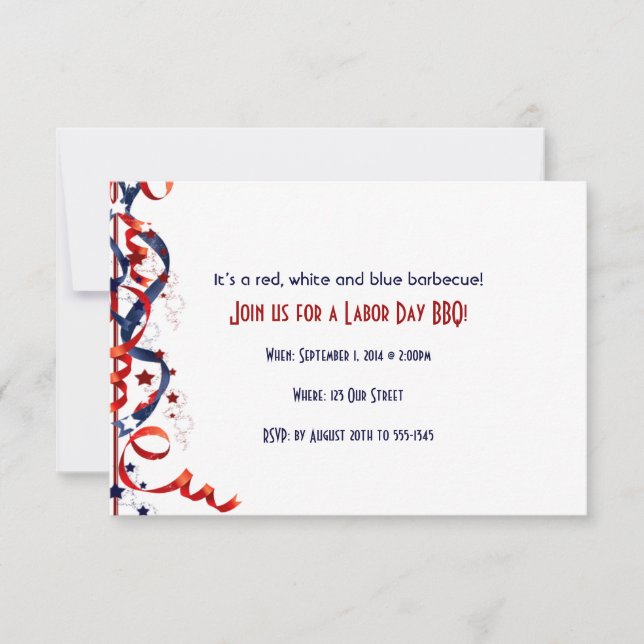 Red White and Blue Ribbons and Stars Labour Day Invitation (Front)