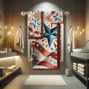 Red White and Blue Shining Stars & Stripe Monogram Bath Towel Set
