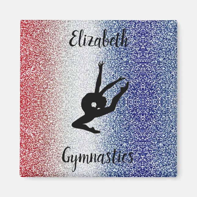 Red White and Blue Sparkle Gymnastics Personalized Magnet (Front)