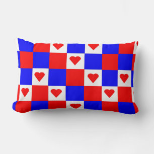 Red, White and Blue Squares with Red Hearts Lumbar Pillow