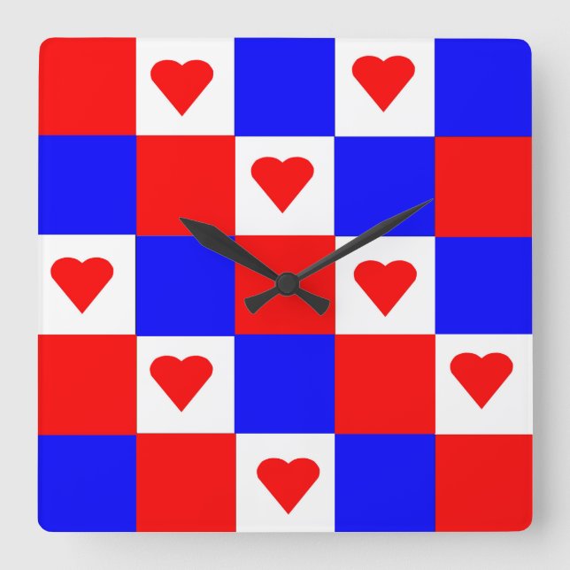 Red, White and Blue Squares with Red Hearts Square Wall Clock (Front)