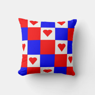 Red, White and Blue Squares with Red Hearts Throw Pillow