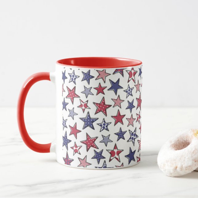 Red White and Blue Stars America Patriotic  Mug (With Donut)