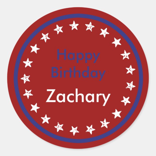 Red White and Blue Stars Happy Birthday Classic Round Sticker (Front)