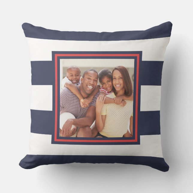 Red, White, and Blue Stripe Pattern with Photo Outdoor Pillow (Front)