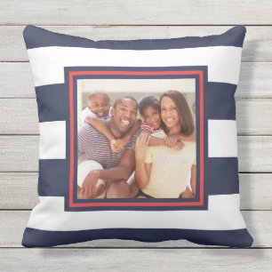 Red, White, and Blue Stripe Pattern with Photo Outdoor Pillow
