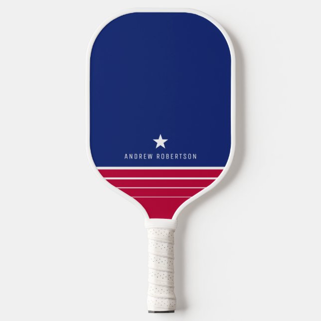 Red White and Blue Stripe Star Personalized Name Pickleball Paddle (Front)