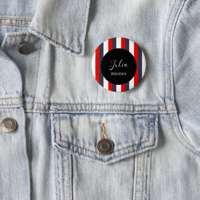 Red, white and blue stripes custom name 2 inch round button (In Situ)