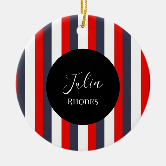 Red, white and blue stripes custom name ceramic ornament (Front)
