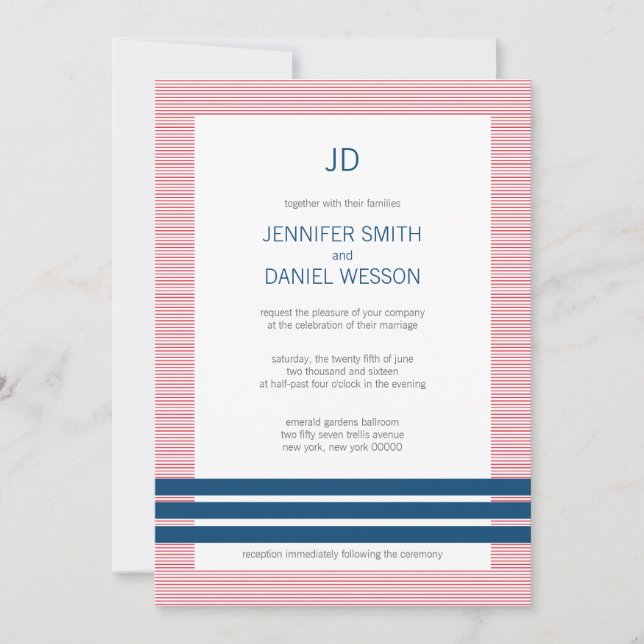 Red White And Blue Stripes Monogram Wedding Invite (Front)
