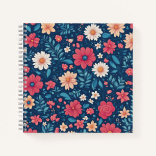 Red White and Blue Stylized Flowers and Foliage Notebook