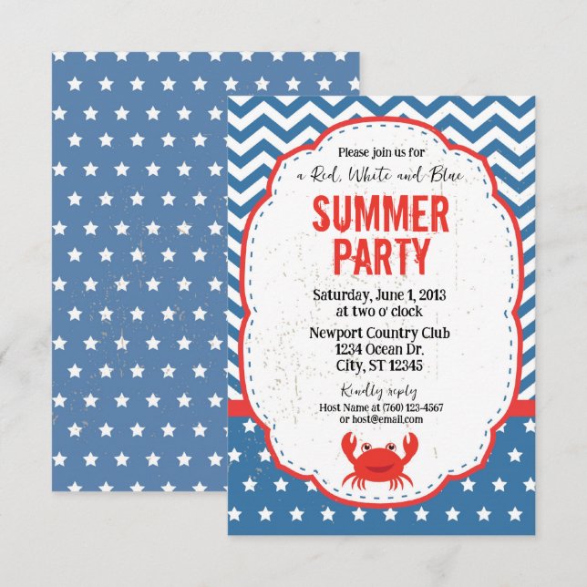 Red, White and Blue Summer Party Invitation (Front/Back)