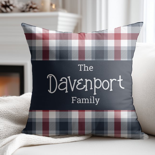 Red White and Blue Tartan Family Name Throw Pillow (Creator Uploaded)