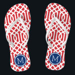 Red White and Blue Trellis Monogram Flip Flops<br><div class="desc">Custom printed flip flop sandals with a stylish modern trellis pattern and your custom monogram or other text in a circle frame. Click Customize It to change text fonts and colours or add your own images to create a unique one of a kind design!</div>