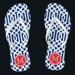 Red White and Blue Trellis Monogram Flip Flops<br><div class="desc">Custom printed flip flop sandals with a stylish modern trellis pattern and your custom monogram or other text in a circle frame. Click Customize It to change text fonts and colours or add your own images to create a unique one of a kind design!</div>