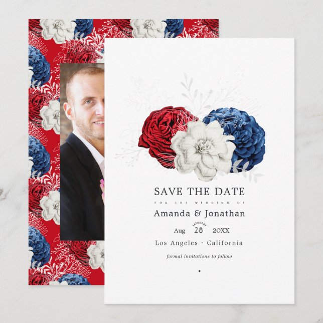 Red White and Blue USA American Wedding Photo Save The Date (Front/Back)