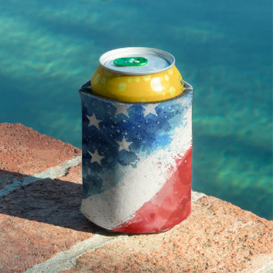 Red White and Blue Watercolor American Flag Can Cooler