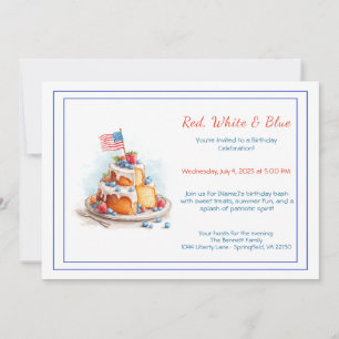 Red White and Blue Watercolor Birthday Invitation