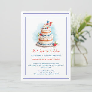 Red White and Blue Watercolor Birthday Invitation 